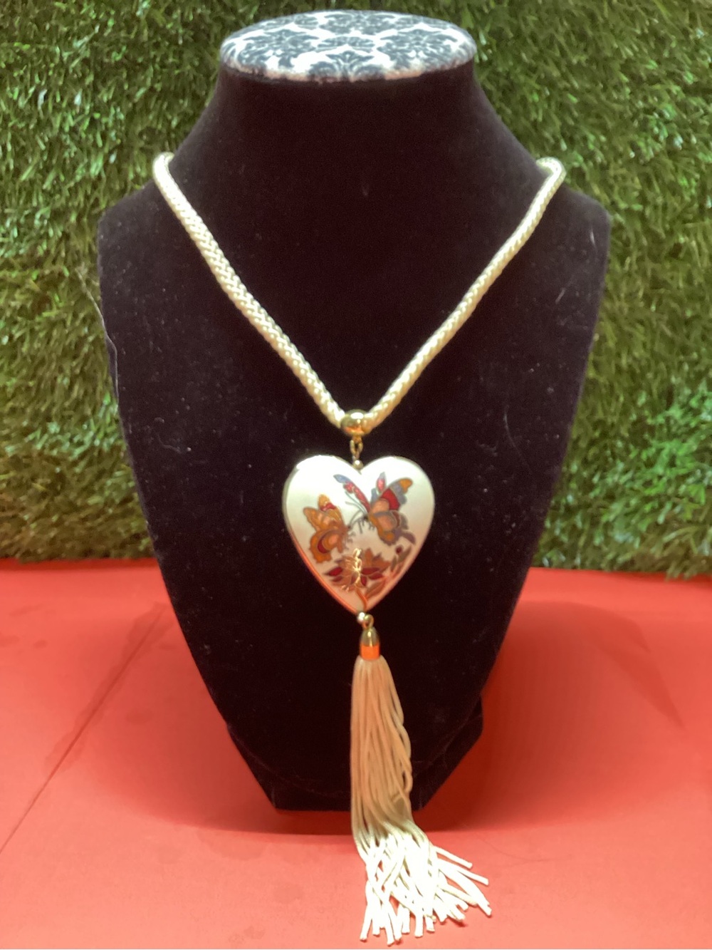 Vintage cloisonne heart Pendant Tassel Necklace - Butterfly Accent